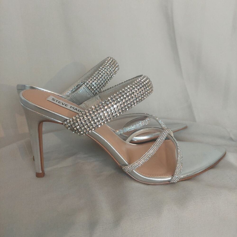 Steve Madden Silver Rhinestone Strappy Sandal Heels Women's 9 Bridal Formal Gala